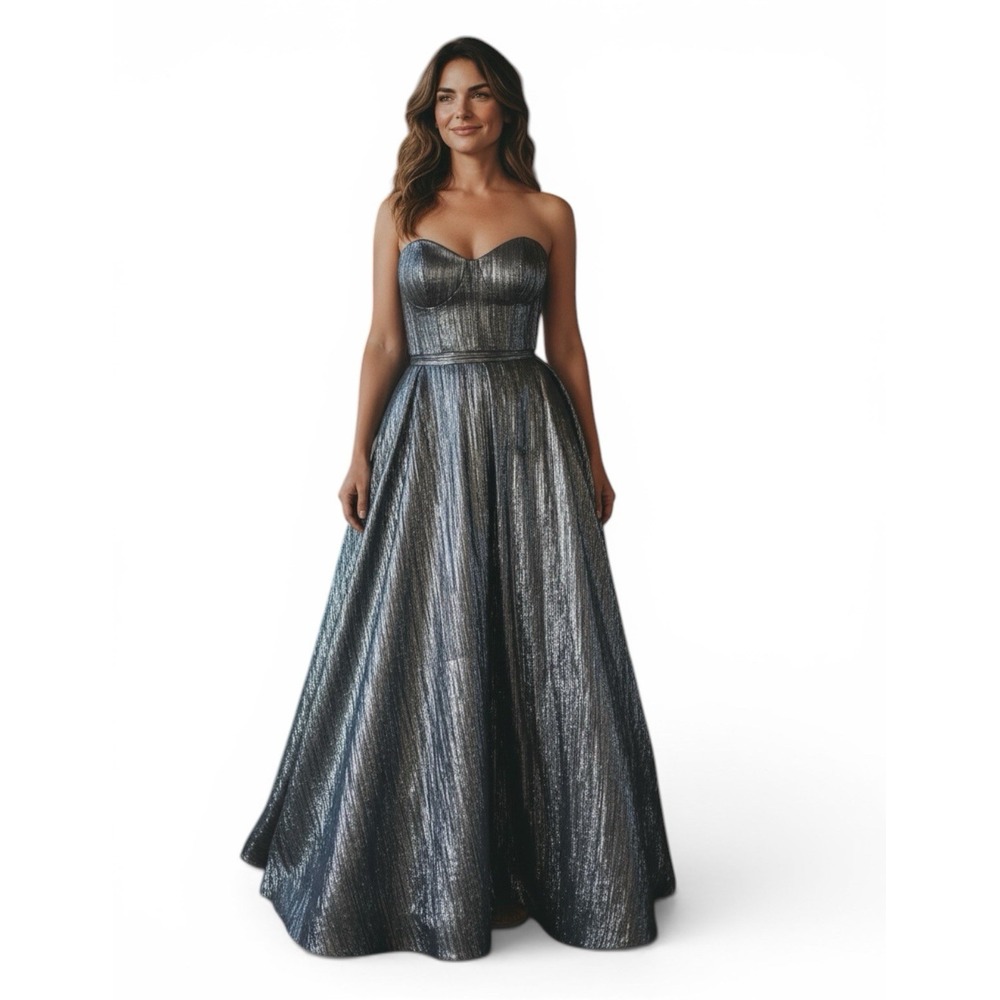 GB Women's 3 Silver Black Metallic Pleated Sweetheart Maxi Long Formal Dress
